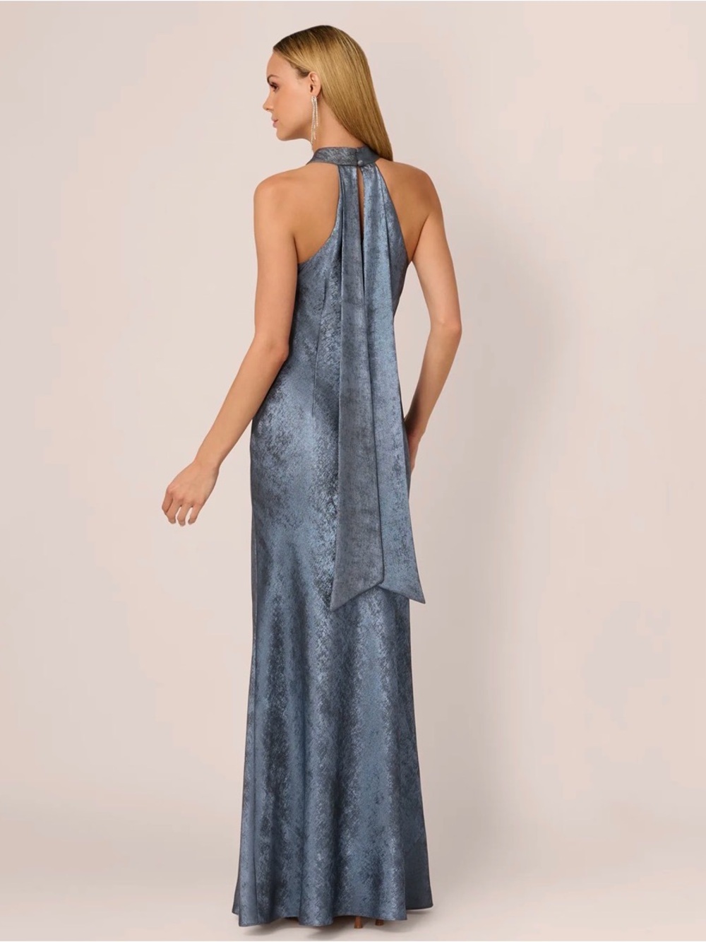 NWT ADRIANNA FOILED SATIN MERMAID GOWN HALTER NECKLINE FRENCH BLUE - Picture 3 of 9